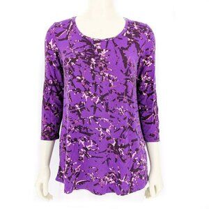 H By Halston‎ Bamboo Printed Scoop Neck 3/4 Sleeve Top Purple Women's XXS